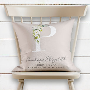 Blush Pink Floral Letter P Baby Script Birth Stats Cushion