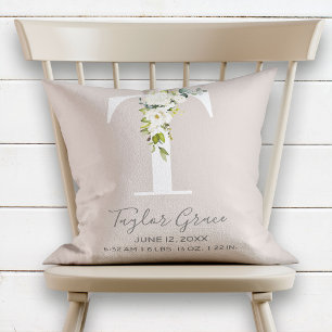 Blush Pink Floral Letter T Baby Script Birth Stats Cushion