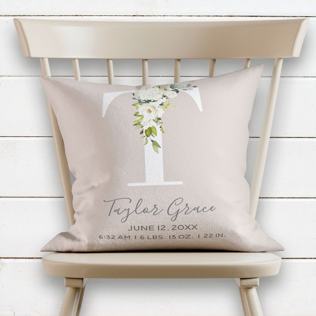 Blush Pink Floral Letter T Baby Script Birth Stats Cushion (Creator Uploaded)