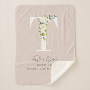 Blush Pink Floral Letter T Baby Script Birth Stats Sherpa Blanket