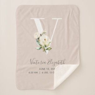Blush Pink Floral Letter V Baby Script Birth Stats Sherpa Blanket