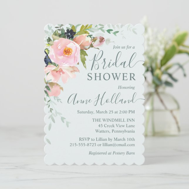 Blush Pink Floral & Light Blue Bridal Shower Invitation (Standing Front)