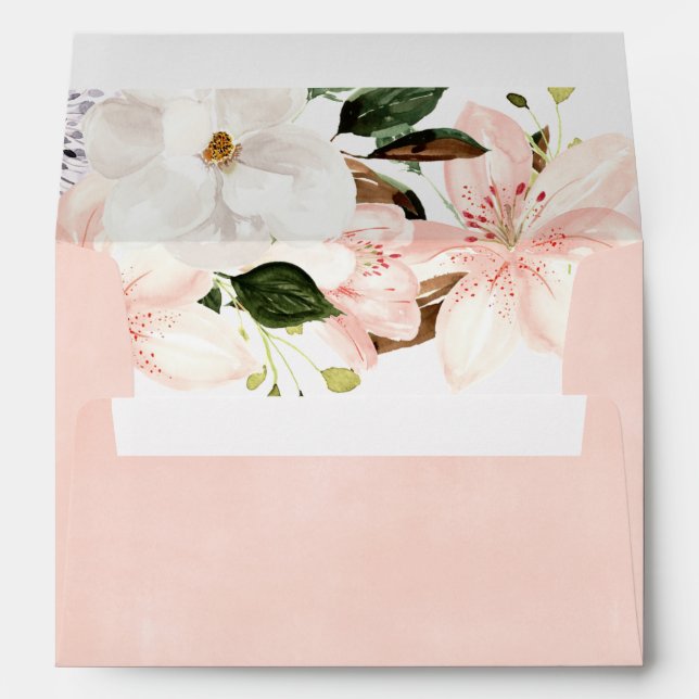 Blush pink floral lilies envelopes 5x7 card (Back (Bottom))