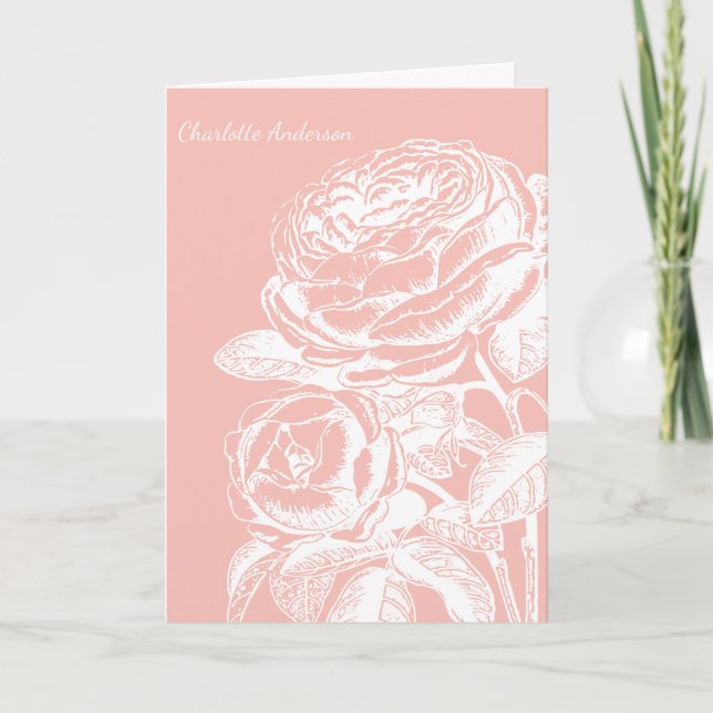 Blush Pink Floral Line Art Personalised Stationery Card (Front)