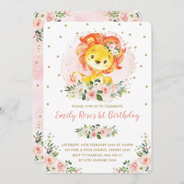 Blush Pink Floral Lion 1st Birthday Girly Wild One Invitation (Front/Back)