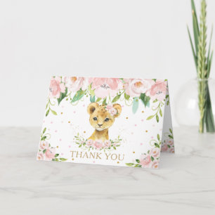 Blush Pink Floral Lion Baby Shower Birthday Thank You Card