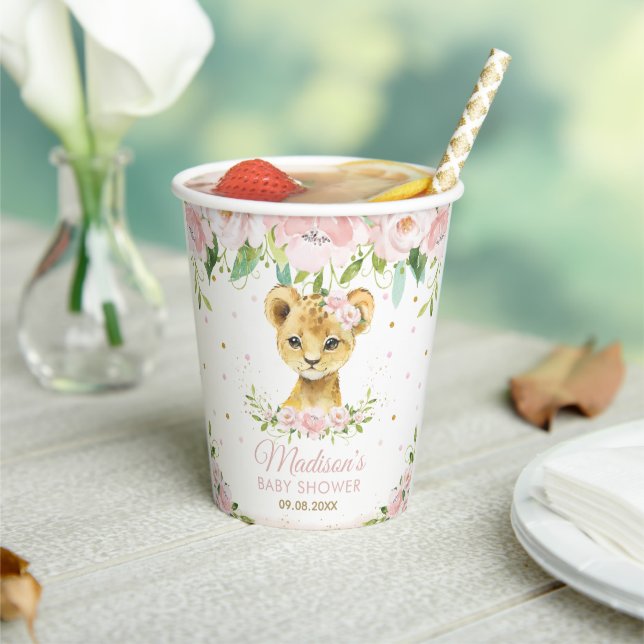 Blush Pink Floral Lion Cub Baby Shower Birthday Paper Cups (Insitu)