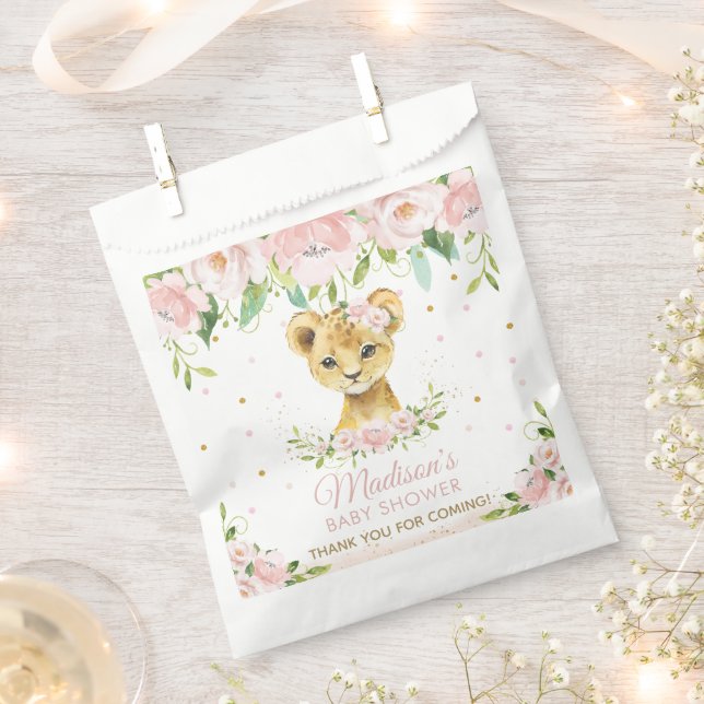 Blush Pink Floral Lion Cub Baby Shower Thank You Favour Bags (Clipped)