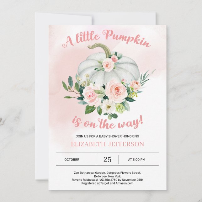 Blush pink floral little pumpkin baby shower invitation (Front)