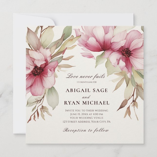Blush Pink Floral Love Never Fails Bible Wedding Invitation (Front)