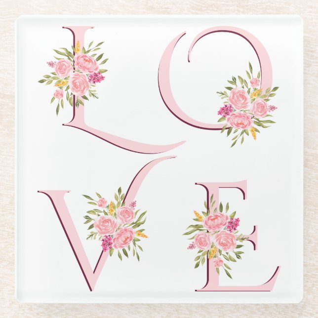 Blush pink floral Love typography Valentines Day Glass Coaster (Front)