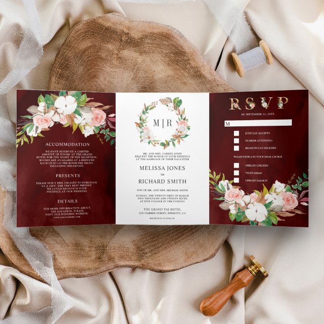 Blush Pink Floral Magnolia Cotton Burgundy Wedding Tri-Fold Invitation (Creator Uploaded)