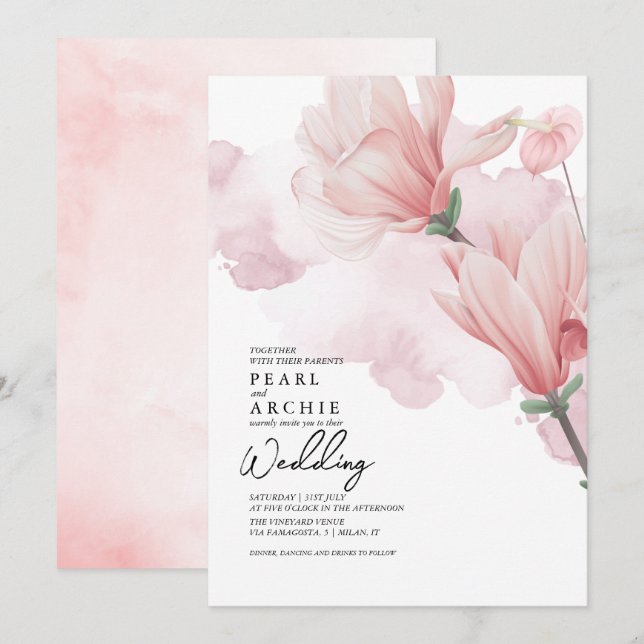 Blush Pink Floral Magnolia Watercolor Wedding Invitation (Front/Back)