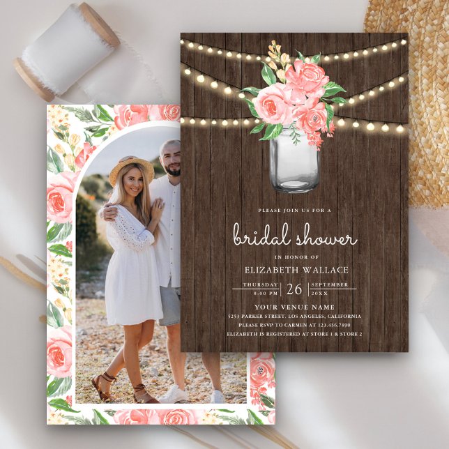 Blush Pink Floral Mason Jar Photo Bridal Shower Invitation (Creator Uploaded)