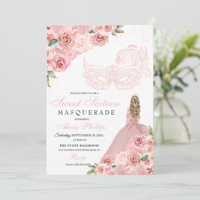 Blush Pink Floral Masquerade Sweet 16 Invitation (Standing Front)