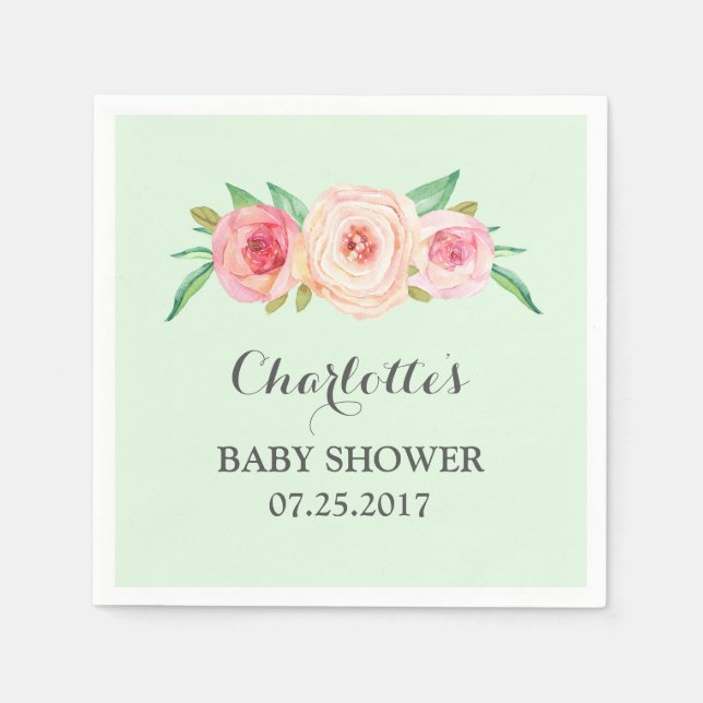 Blush Pink Floral Mint Baby Shower Napkin (Front)