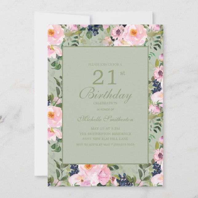 Blush Pink Floral Mint Green 21st Birthday Invitation (Front)