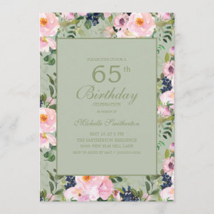 Blush Pink Floral Mint Green 65th Birthday Invitation
