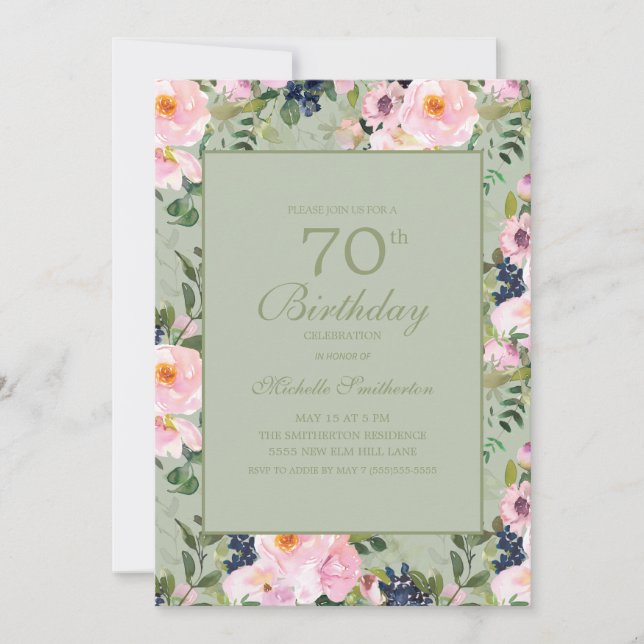 Blush Pink Floral Mint Green 70th Birthday Invitation (Front)