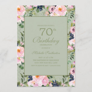 Blush Pink Floral Mint Green 70th Birthday Invitation