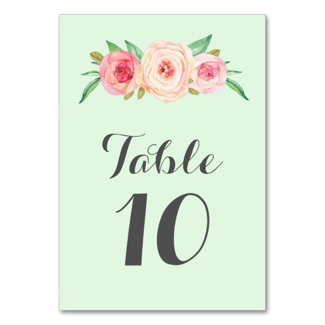 Blush Pink Floral Mint Table Number Cards (Front)