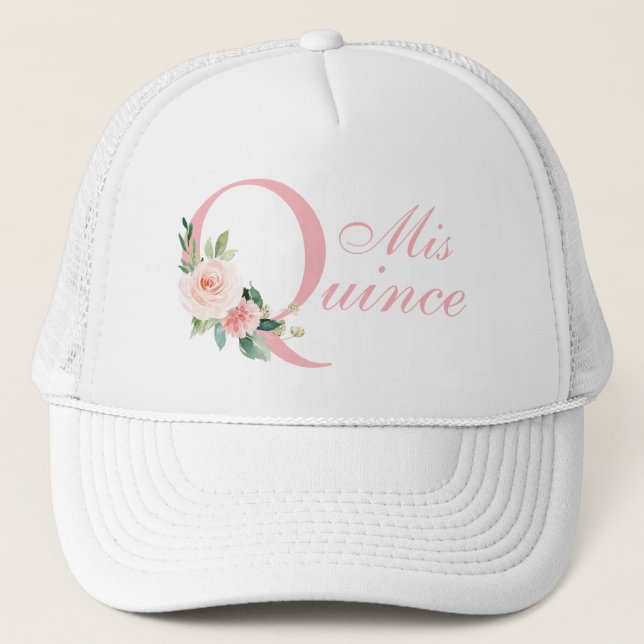 Blush Pink Floral Mis Quince Quinceanera Trucker Hat (Front)