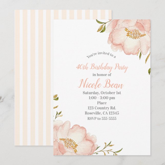 Blush Pink Floral Modern Elegant Birthday Party Invitation (Front/Back)