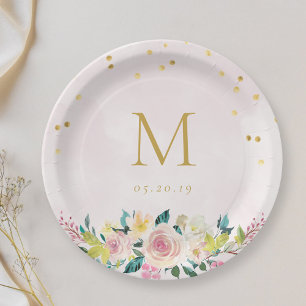 Blush Pink Floral Monogram Bridal Shower Paper Plate