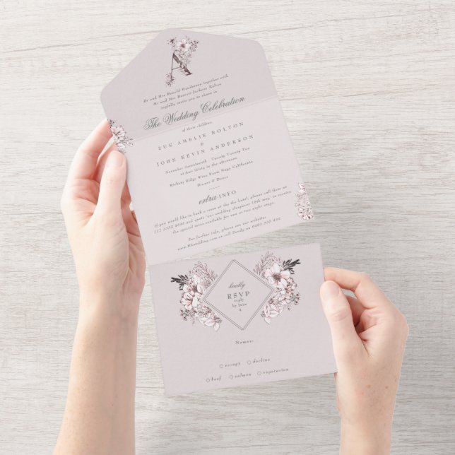 Blush Pink Floral Monogram Classic Elegant Wedding All In One Invitation (Tearaway)