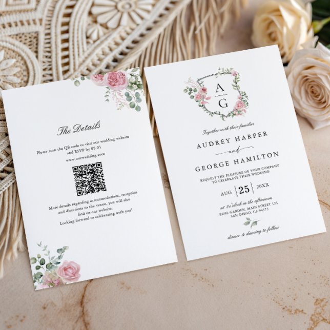 Blush Pink Floral Monogram Crest QR Code Wedding Invitation (Creator Uploaded)