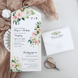 Blush Pink Floral Monogram Elegant Wedding All In One Invitation