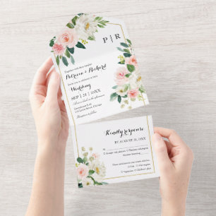 Blush Pink Floral Monogram Elegant Wedding All In One Invitation