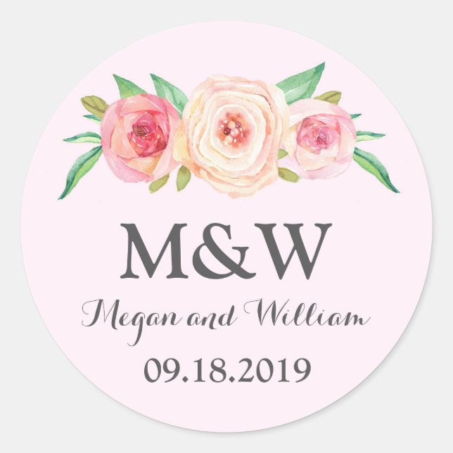 Blush Pink Floral Monogram Wedding Classic Round Sticker (Front)