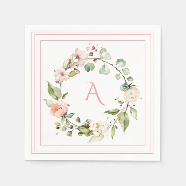 Blush Pink Floral Monogram Wedding Elegant Napkin (Front)