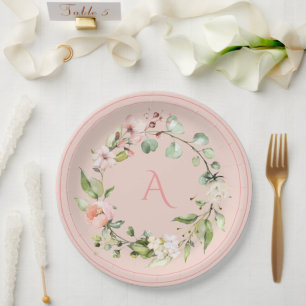Blush Pink Floral Monogram Wedding Elegant Paper P Paper Plate