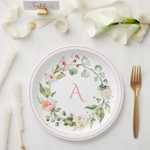 Blush Pink Floral Monogram Wedding Elegant Paper Plate
