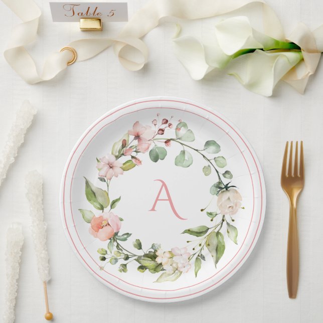 Blush Pink Floral Monogram Wedding Elegant Paper Plate (Wedding)