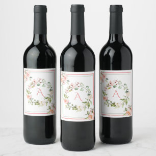Blush Pink Floral Monogram Wedding Elegant Wine Label