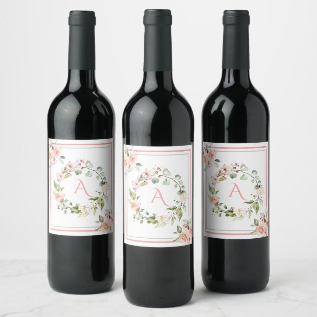 Blush Pink Floral Monogram Wedding Elegant Wine Label (Bottles)