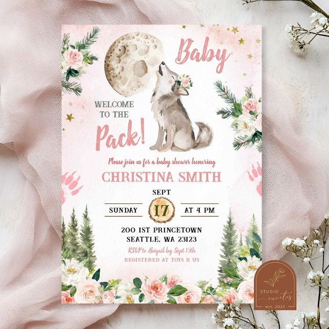 Blush Pink Floral Moon Forest Wolf Baby Shower Invitation (Creator Uploaded)