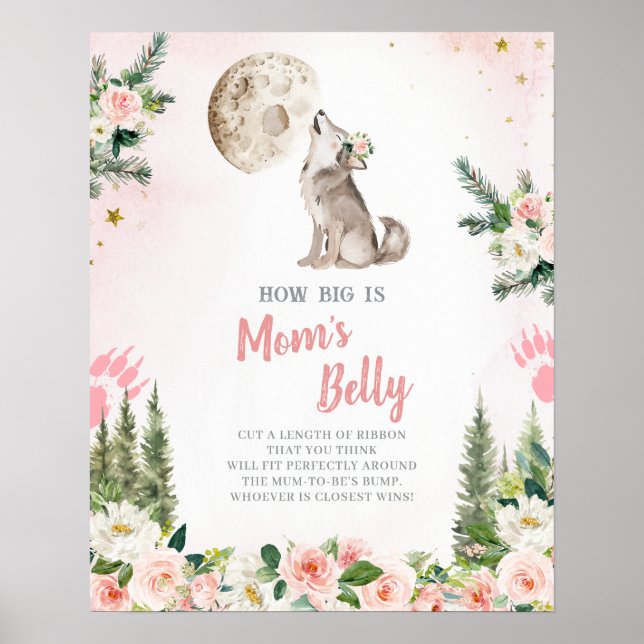Blush Pink Floral Moon Forest Wolf Mom's Belly Poster (Front)