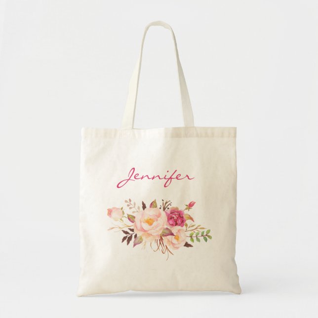 Blush Pink Floral & Name Tote Bag (Front)
