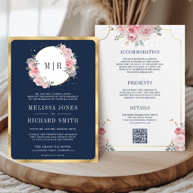 Blush Pink Floral Navy Blue All in One Wedding Invitation (Creator Uploaded)