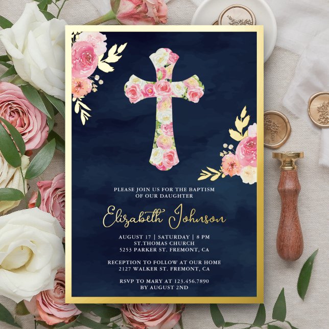 Blush Pink Floral Navy Blue Baptism Gold Foil (Creator Uploaded)