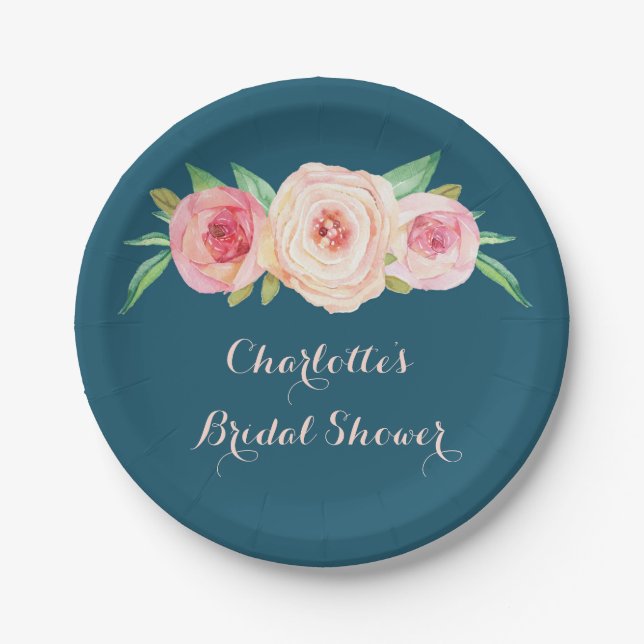 Blush Pink Floral Navy Blue Bridal Shower Plate (Front)