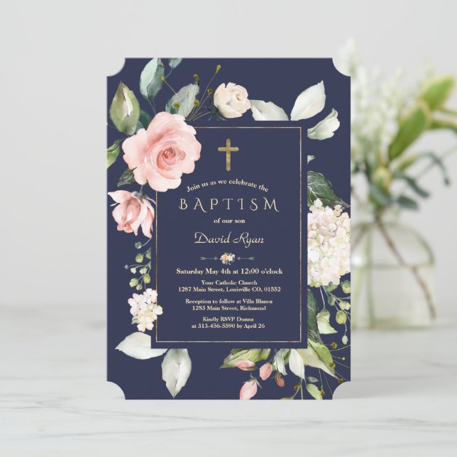 Blush Pink Floral Navy Blue Gold Cross Baptism Invitation (Standing Front)