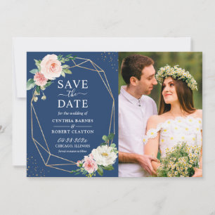 Blush Pink Floral Navy Blue Modern Geometric Photo Save The Date