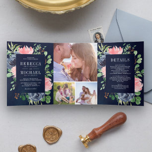 Blush Pink Floral Navy Blue Photo Collage Wedding Tri-Fold Invitation