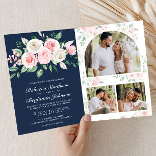 Blush Pink Floral Navy Blue QR Code Wedding Invitation