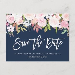 blush pink floral navy blue save the date postcard